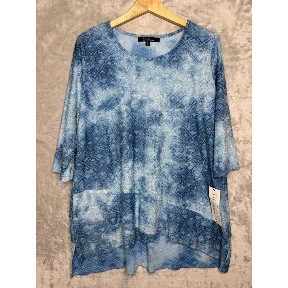 Calessa Blouse Womens XL Blue Geometric 3/4 Sleeve Scoop Neck Stretch Tunic Top